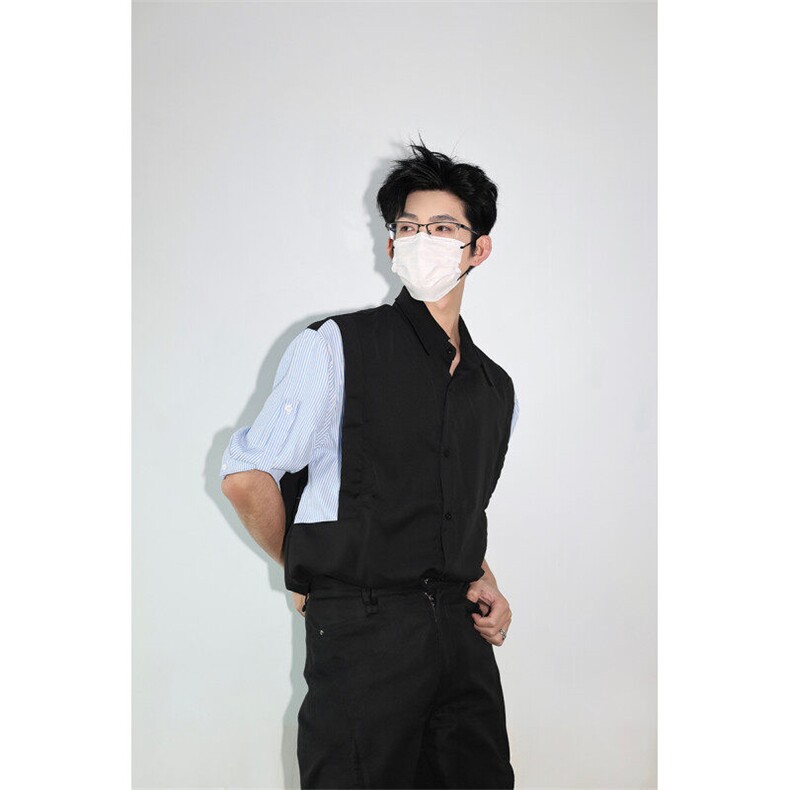明星私服假两件宽松拼接飞肩设计感假两件条纹短袖衬衫卫衣特P39图片