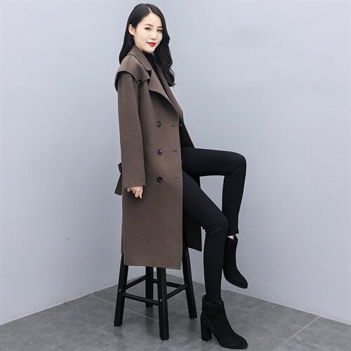 毛呢外套女中长款2021秋冬新款女装韩版时尚休闲双排扣呢大衣，女装毛呢外套，慧尚依恋