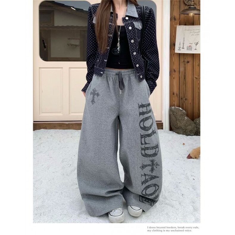 美式字母印花加厚毛呢休闲裤男女宽松阔腿情侣长裤子LB31511-P55,男装休闲裤,星座1008