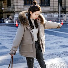 棉衣/棉服2021新款冬兔毛中长款拼接翻袖工装带帽派克服女外套，女装派克服，瑶迪依秀