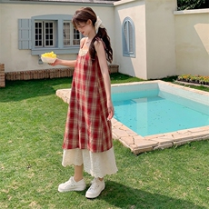 复古格子蕾丝裙摆吊带连衣裙女夏2025新款甜美显瘦小众不撞款长裙，女装连衣裙，2C273