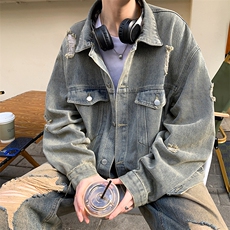 复古蓝破洞牛仔外套男春秋季高级感潮牌痞帅休闲上衣韩版潮流夹克，男装夹克，电商A102B
