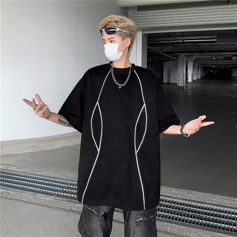 DT5575-P35美式高街解构反光条宽松短袖t恤男夏季潮牌复古麂皮绒,男装T恤,星座603-2