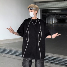 DT5575-P35美式高街解构反光条宽松短袖t恤男夏季潮牌复古麂皮绒，男装T恤，星座603-2