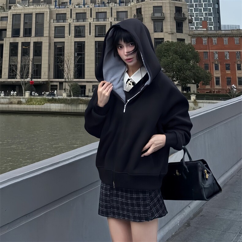 抖音得物高品质秋冬美式高街重磅结构双层双面连帽卫衣外套XS107,女装短外套,电商A486-1