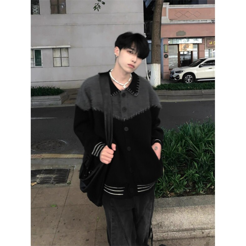 高级感开衫毛衣男秋季新款小众宽松百搭拼接翻领设计潮牌开衫外套,男装针织衫/毛衣,星座516A
