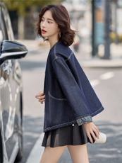 2025秋装新款复古休闲宽松圆领牛仔外套，女装牛仔外套，深水步