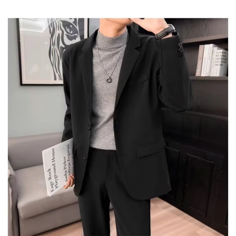 轻熟风免烫小西装男士韩版早秋潮流帅s黑色休闲商务西服外套 Y70图片