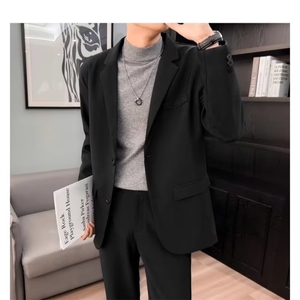 轻熟风免烫小西装男士韩版早秋潮流帅s黑色休闲商务西服外套 Y70图片
