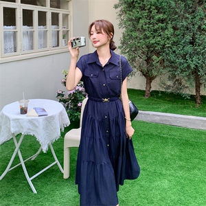 藏青色设计感工装衬衫连衣裙女2025夏季新款超好看气质收腰a字裙图片