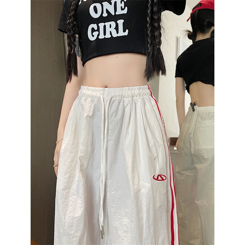 美式运动拼接条纹休闲裤女夏季松紧腰宽松束脚阔腿裤子K802p38,男装休闲裤,电商D315A