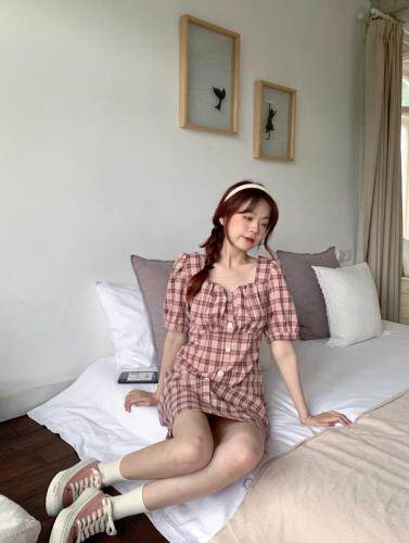 现货夏季复古格子裙，女装，dznkb