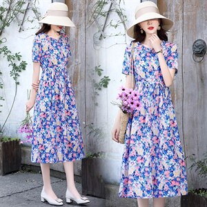 2021年夏季欣贝拉新款印花小碎花中长款棉麻连衣裙,女装连衣裙,欣贝拉