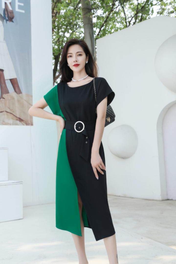 拼色气质连衣裙，女装连衣裙，蓝芝衣秀