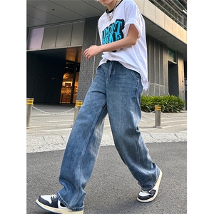 美式高街vibe风直筒长裤欧美痞帅男hiphop复古水洗牛仔裤图片