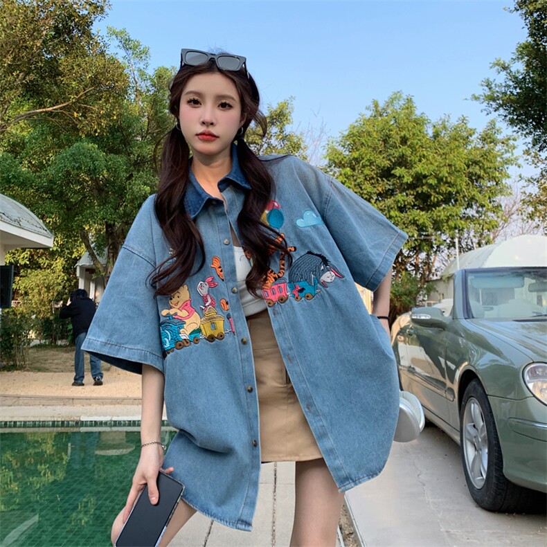D422-P60复古港风卡通刺绣水洗牛仔短袖衬衫男女夏季衬衣，男装衬衫，星座911