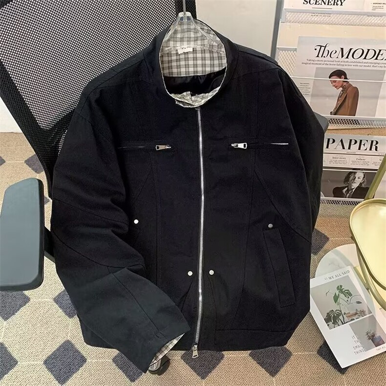 W11033-P85网图现货春季新款工装夹克飞行员外套翻领假两件外套,男装夹克,星座1608