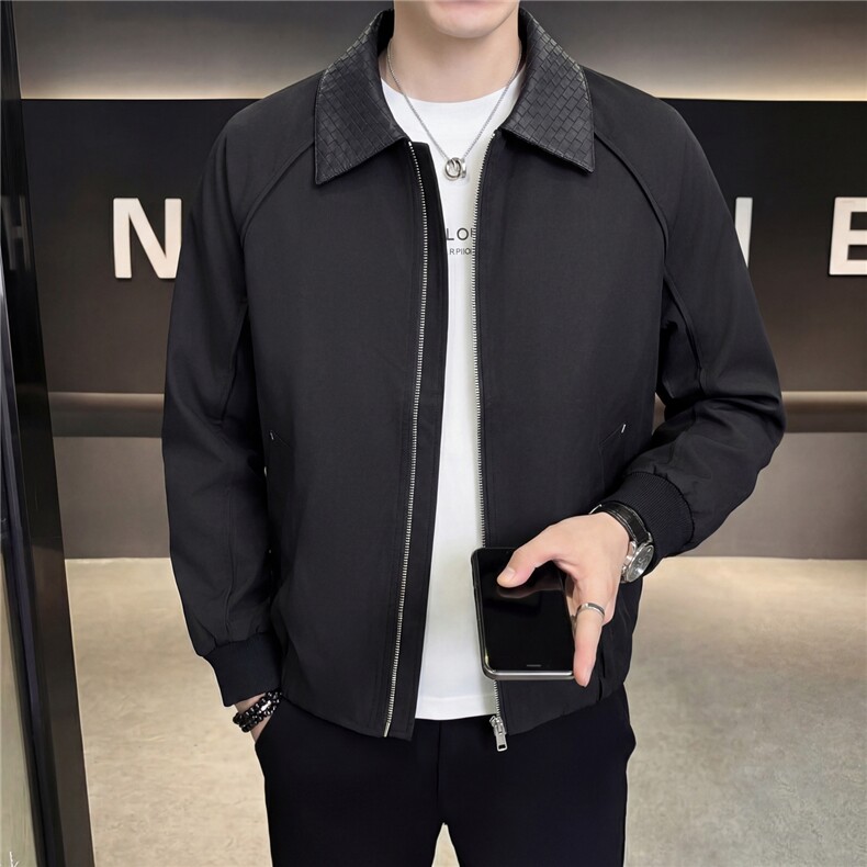 春款2026轻熟风抖音纯色休闲翻领拼皮夹克店主风A236-JK669-P130，男装夹克，电商A236