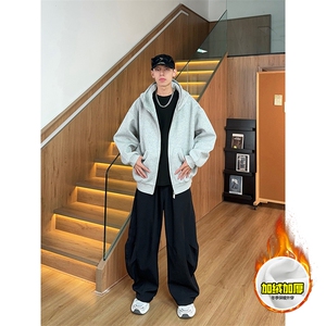 480G重磅加绒硬挺boxy 男女秋冬美式高街防风高领卫衣开衫厚外套图片