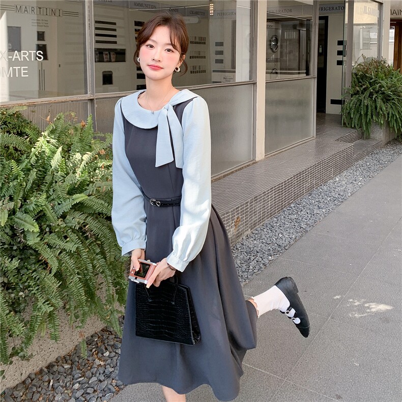 2026春装新款气质娃娃领气质收腰连衣裙女送皮带，女装连衣裙，苗苗