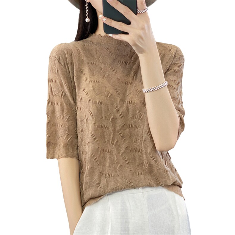 2024夏季新款半高领精纺羊毛针织短袖女五分袖褶皱T恤宽松打底衫,女装T恤,暖烁羊绒