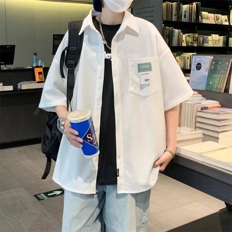 SK001-P302024日系复古口袋工装华夫格短袖衬衫t恤男潮牌宽松,男装T恤,电商B323A