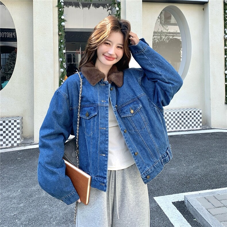 小个子巨好看宽松保暖上衣翻毛领拼接牛仔外套冬,女装棉衣/棉服,2C210