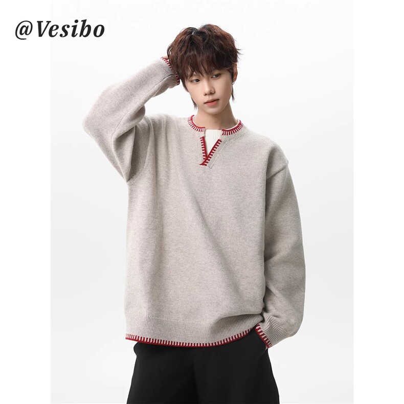 1506/QY900/P62美式假两件V领设计感针织衫潮牌慵懒风休闲内搭,男装针织衫/毛衣,星座1506