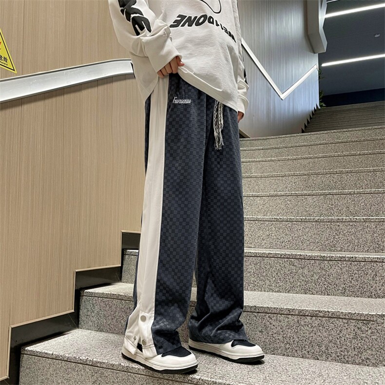 美式复古咖色裤子男秋冬日系棋盘格排扣运动裤侧边拼接阔腿直筒裤,男装休闲裤,星座601-2
