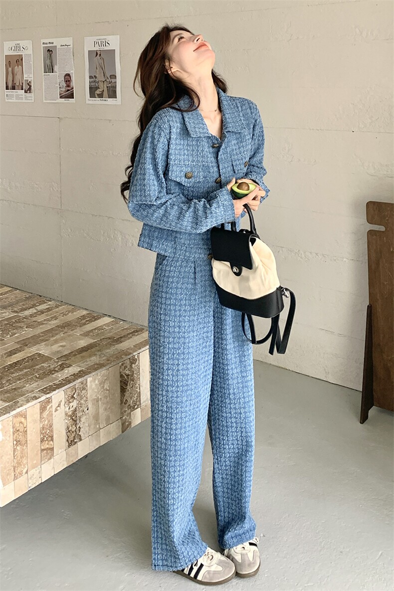 蓝色小香风牛仔套装女2025春季新款韩系休闲短款上衣阔腿裤两件套,女装套装/套裙,2C206