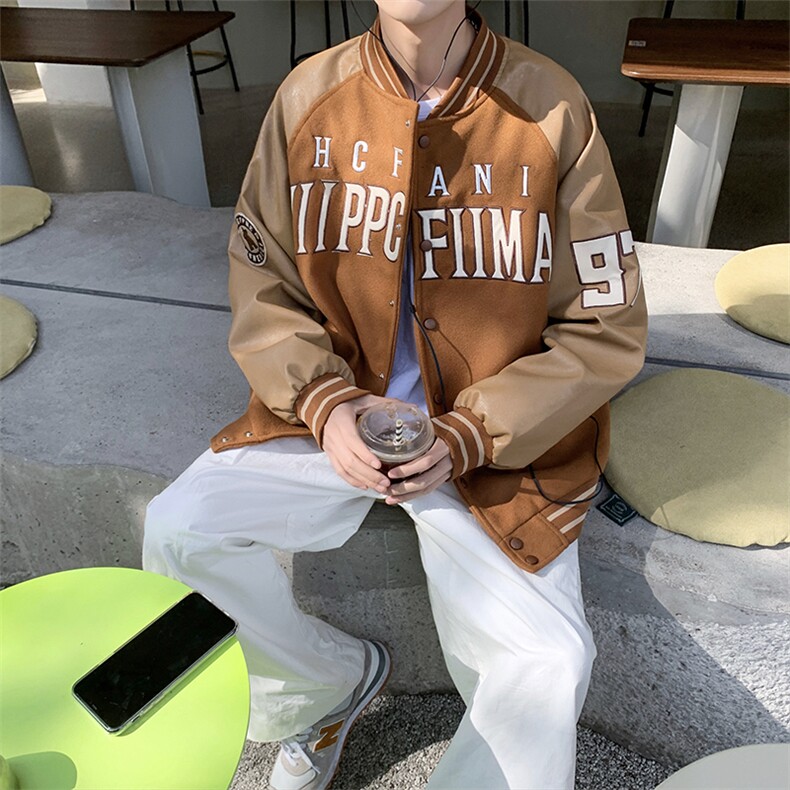 pu皮拼接棒球服男2023秋季潮牌字母夹克美复古休闲外套W3127-P51,男装夹克,星座412-3