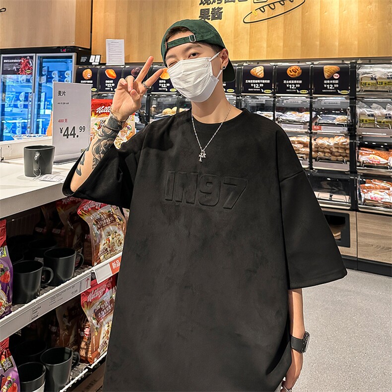 麂皮绒短袖t恤男夏季美式复古重磅钢印宽松情侣半袖潮D342P38,男装T恤,电商A335-1（原A458）
