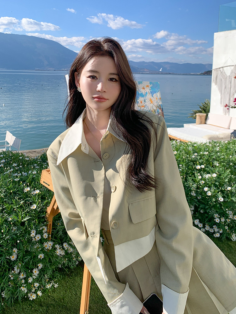 春现-学院风可盐可甜假两件外套裙套装B190-2813-P160-K218,女装套装/套裙,2B190