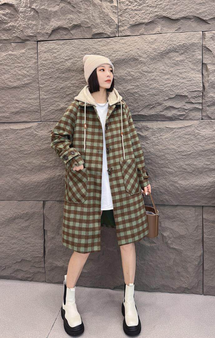 秋冬新款带帽格子大衣，其它，与跃