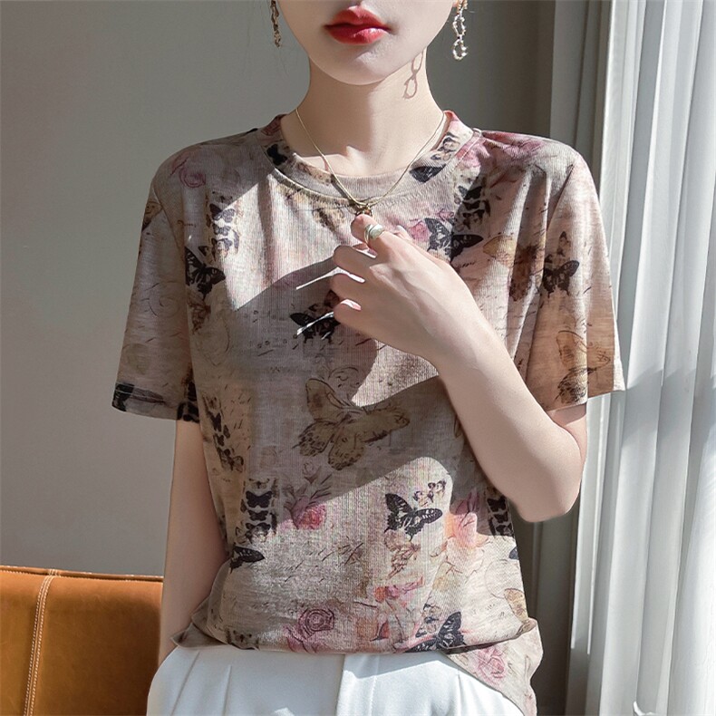 天丝正肩圆领短袖T恤女夏季新款莱赛尔舒适轻奢印花上衣宽松体恤,女装T恤,羊特美羊绒