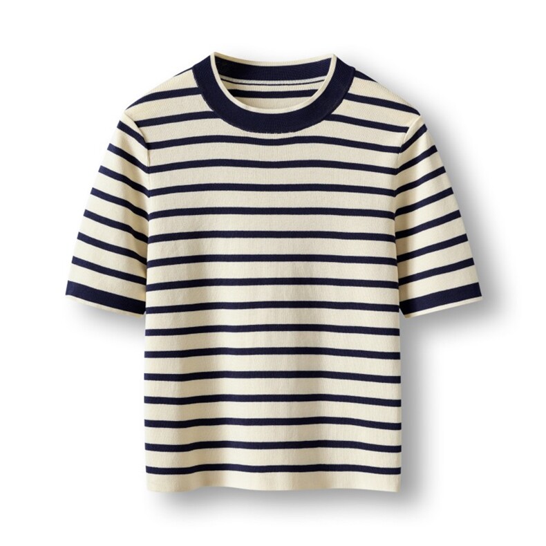 2025年秋季新款针织圆领条纹短袖休闲通勤百搭时尚，女装T恤，致织羊绒