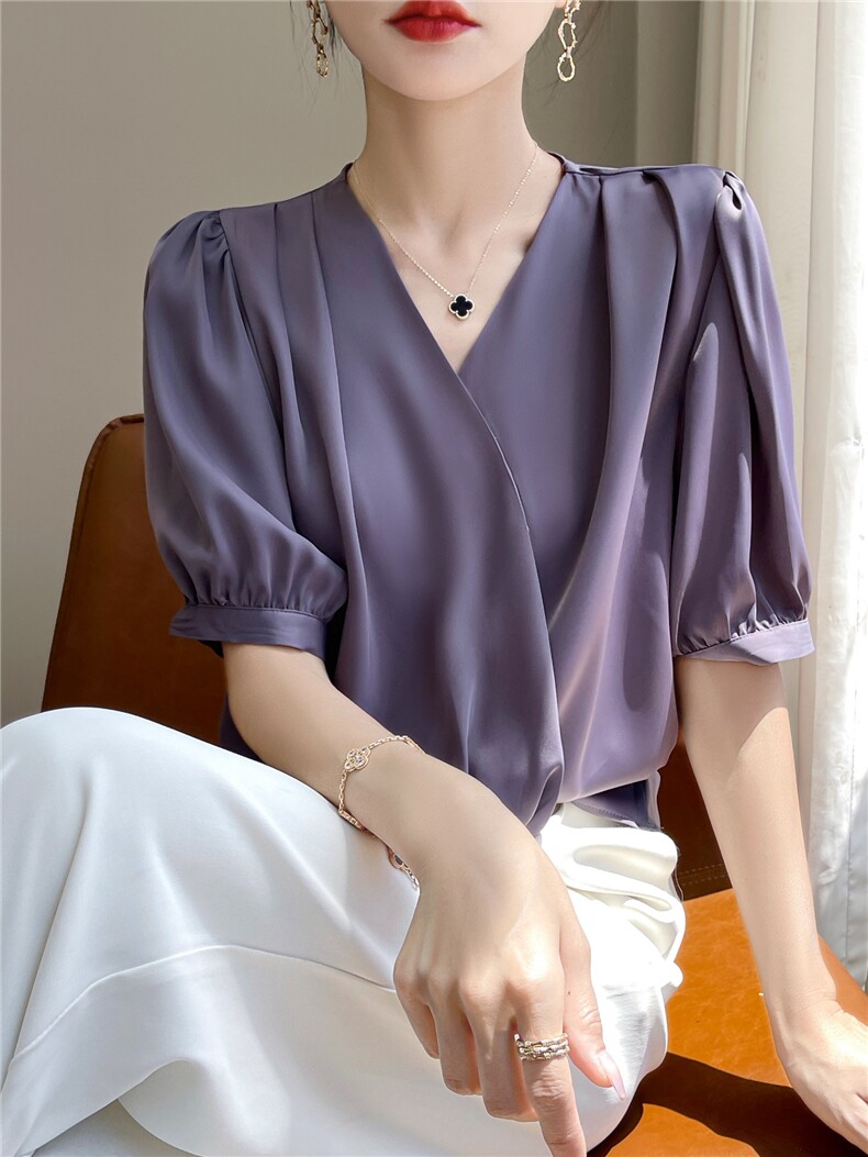 真丝缎面V领暗扣短袖时尚百搭,女装T恤,素语电商供货