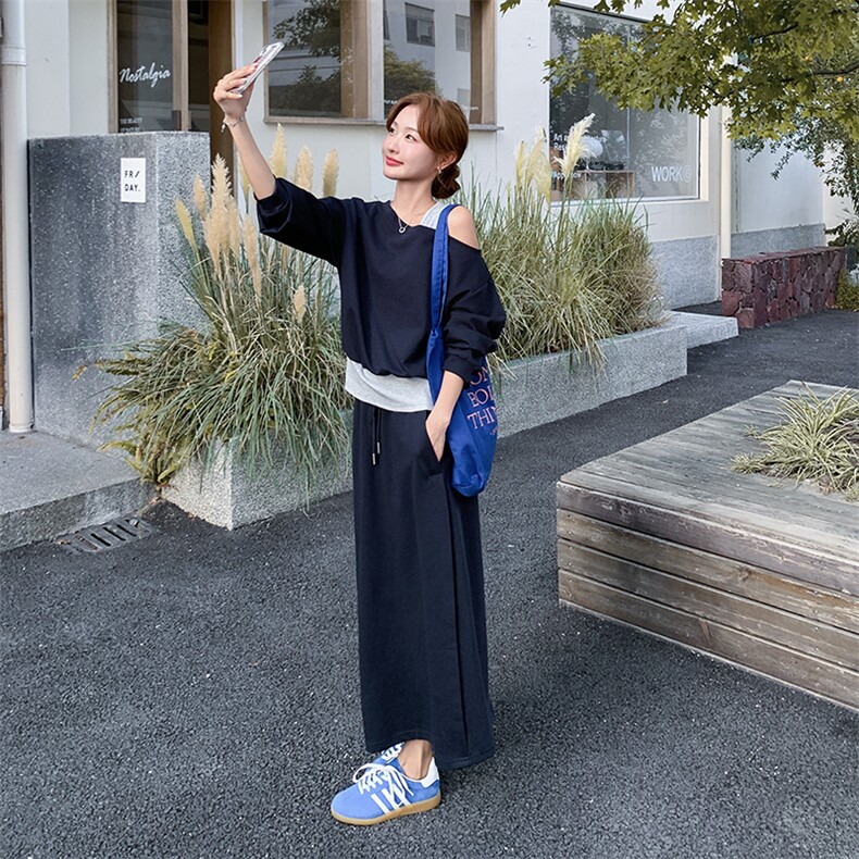 韩系气质假两件露肩卫衣套装裙女2025秋季新款小个子显瘦两件套潮,女装套装/套裙,纯色衣恋