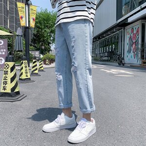 仔裤男士破洞夏季薄款韩版潮流潮牌九分宽松直筒长裤子7160,搭配裤子裙子超显瘦图片