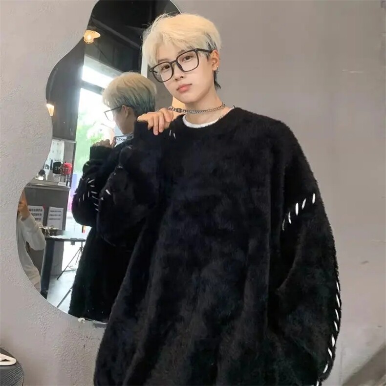1506/QM160/P63仿貂绒美式圆领毛衣男生秋冬季韩系范高级感外套,男装针织衫/毛衣,星座1506