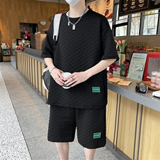 棋盘格子提花冰丝短袖T恤套装男士2025夏季装大码两件套TZ40-P25，男装T恤，星座1816-2（原1210–2）