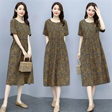 棉麻印花连衣裙女2022夏新款显瘦休闲中年女士中长款碎花亚麻裙子，女装连衣裙，超帛