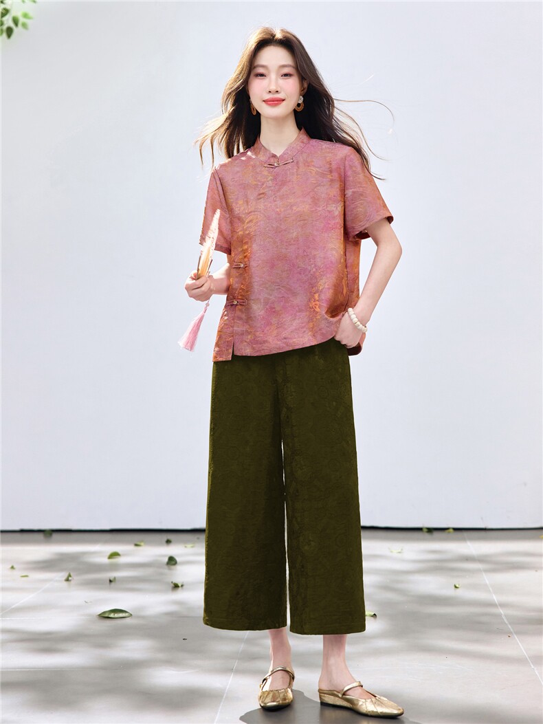 长期现货2026夏装新款时尚两件套装女提花新中式衬衫T阔腿腿裤女,女装套装/套裙,璐依舞
