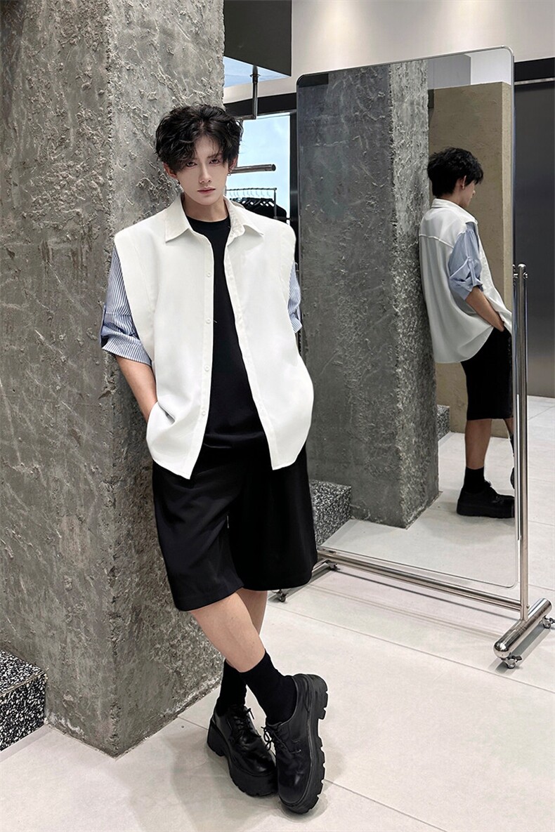 春夏新款假两件宽松拼接飞肩设计感假两件条纹短袖衬衫卫衣特P39,男装卫衣,电商B319
