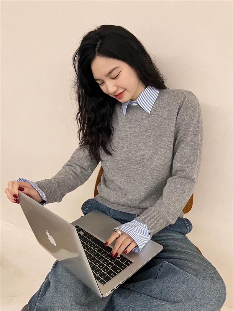 时尚百搭拼接假两件套头衫经典衬衣领设计优雅显瘦羊毛衫,女装羊毛衫,圣旺供货