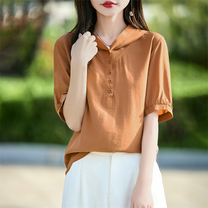 铜氨丝V领半开扣短袖帽衫，女装针织衫/毛衣，臻维羊绒