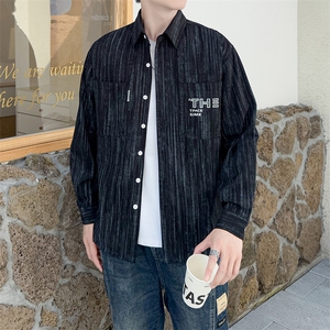 高品质纯棉条纹数码印寸衫外套店主风社会小伙潮牌新款CS71P68图片
