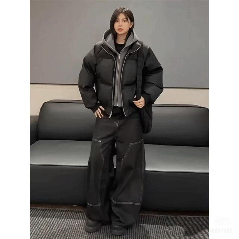 现货高品质重磅工艺美式高街假两件PU皮棉衣男女加厚棉服外套,男装棉衣,电商A486