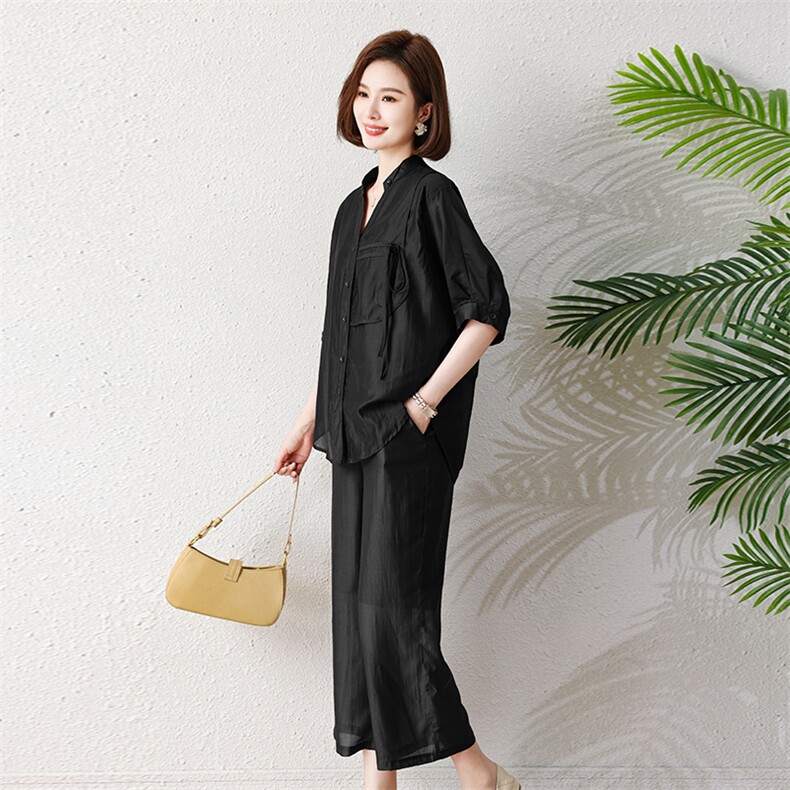 现货2023年夏季小众设计时尚休闲轻薄宽松简约短袖套装,女装套装/套裙,深水步