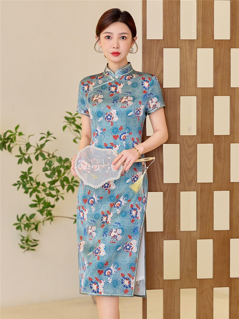 杭州品质真丝长裙复古印花连衣裙女春夏日常修身潮流真丝旗袍,女装汉服/婚纱/旗袍/礼服,小荷流